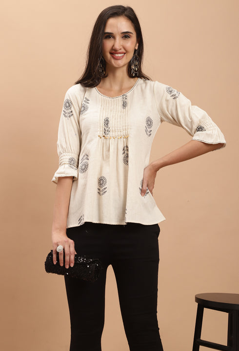 Off White Pure cotton Jaipuri Printed Short Top