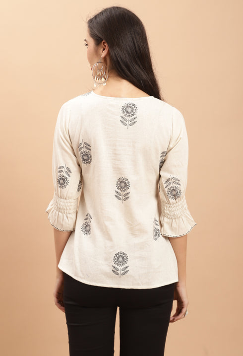 Off White Pure cotton Jaipuri Printed Short Top