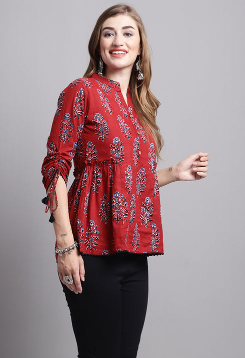 Maroon Pure cotton Jaipuri Printed Short Top