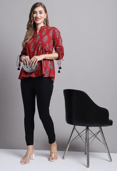 Maroon Pure cotton Jaipuri Printed Short Top