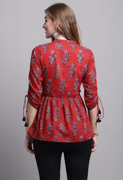 Maroon Pure cotton Jaipuri Printed Short Top