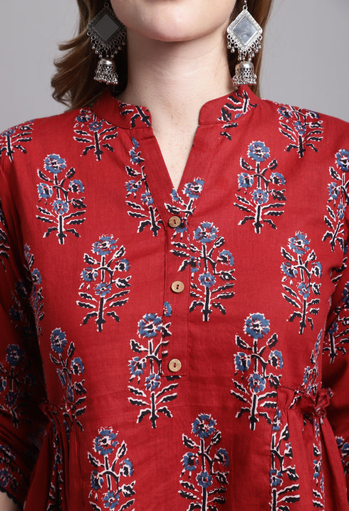 Maroon Pure cotton Jaipuri Printed Short Top