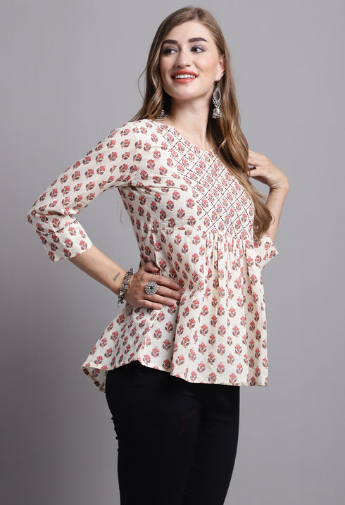 Beige Pure cotton Jaipuri Printed Short Top