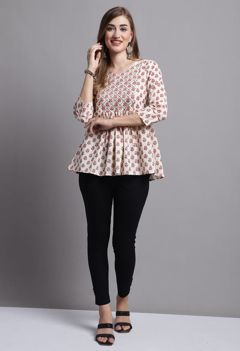 Beige Pure cotton Jaipuri Printed Short Top