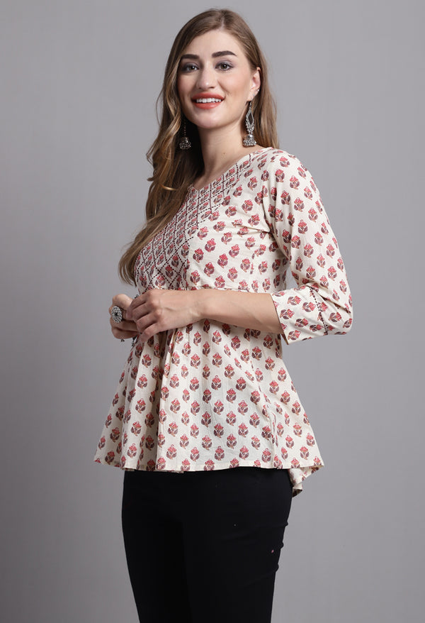 Beige Pure cotton Jaipuri Printed Short Top