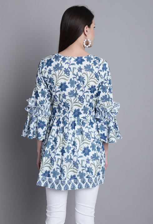 White & Blue Pure cotton Jaipuri Printed Short Top