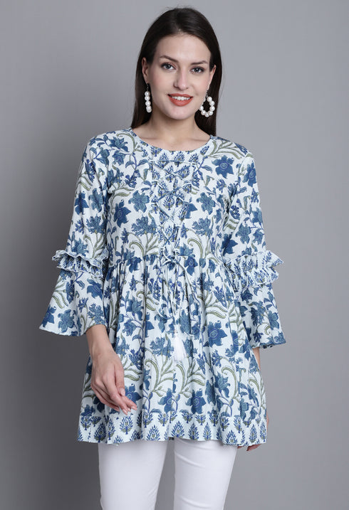 White & Blue Pure cotton Jaipuri Printed Short Top