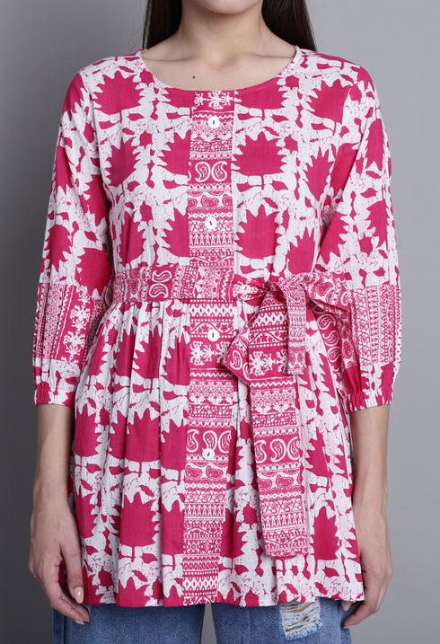 Pink & White Pure cotton Jaipuri Printed Short Top