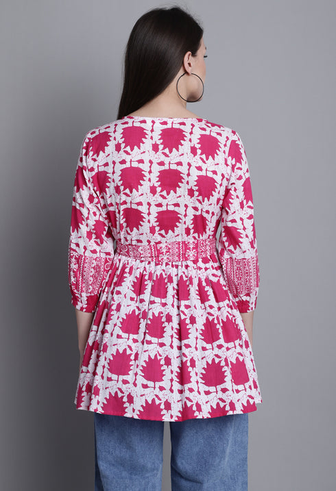 Pink & White Pure cotton Jaipuri Printed Short Top