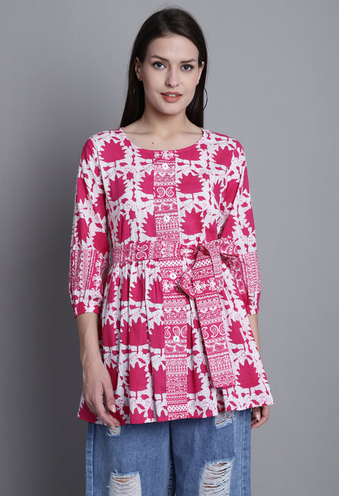 Pink & White Pure cotton Jaipuri Printed Short Top