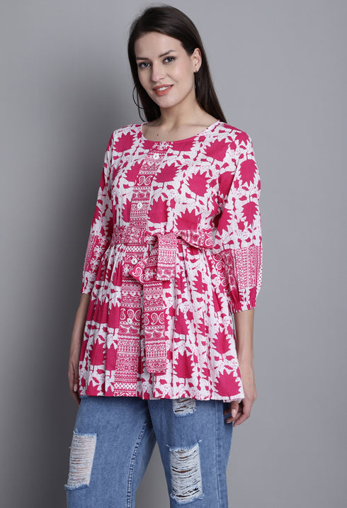 Pink & White Pure cotton Jaipuri Printed Short Top