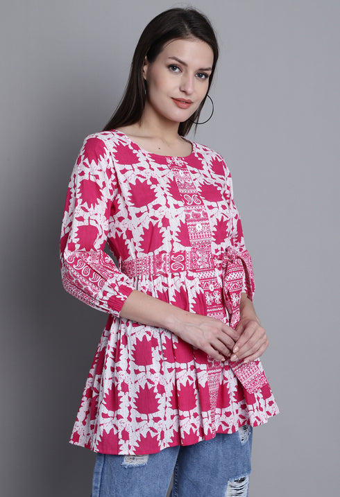 Pink & White Pure cotton Jaipuri Printed Short Top