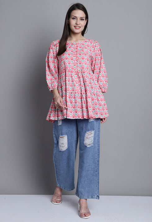 Peach Pure cotton Jaipuri Printed Short Top