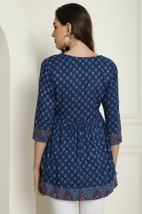 Blue Pure Cotton Jaipuri Printed Short Top