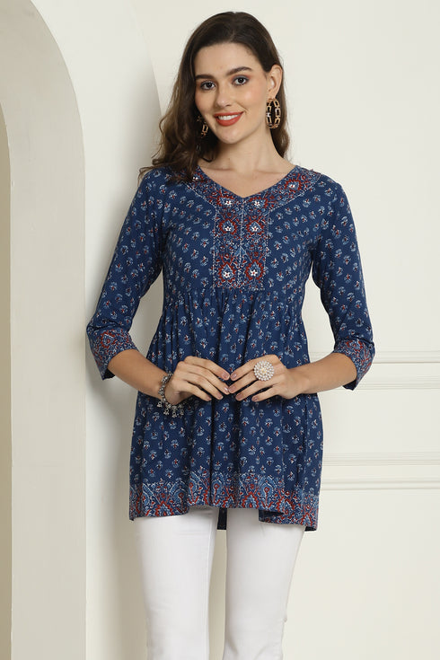 Blue Pure Cotton Jaipuri Printed Short Top