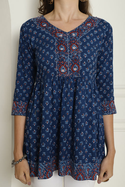 Blue Pure Cotton Jaipuri Printed Short Top
