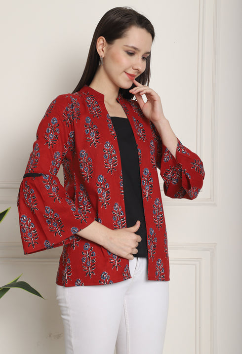 Maroon & Black Pure cotton Jaipuri Printed Short Top