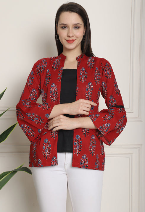 Maroon & Black Pure cotton Jaipuri Printed Short Top