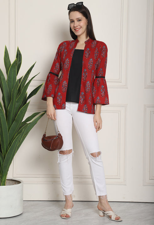 Maroon & Black Pure cotton Jaipuri Printed Short Top