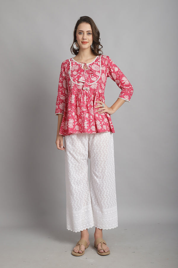 Pink & White Pure Cotton Floral Printed Short Top