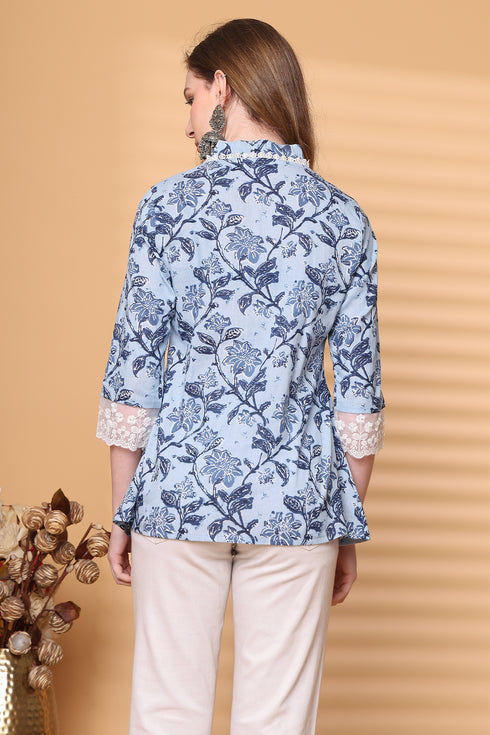 Women Sky Blue Pure Cotton Jaipuri Printed Short Top