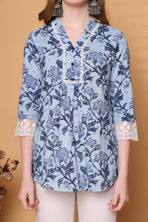 Women Sky Blue Pure Cotton Jaipuri Printed Short Top