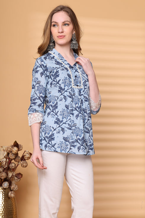 Women Sky Blue Pure Cotton Jaipuri Printed Short Top