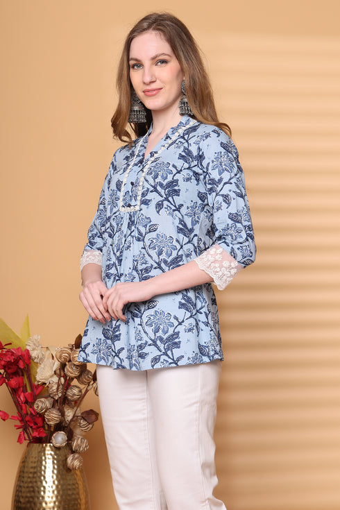 Women Sky Blue Pure Cotton Jaipuri Printed Short Top