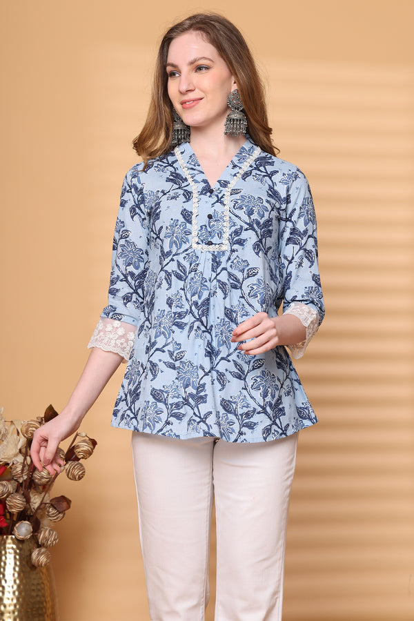 Women Sky Blue Pure Cotton Jaipuri Printed Short Top