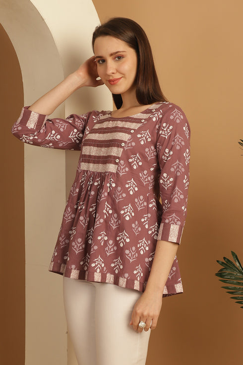 Dusty Mauve Pure Cotton Floral Printed Short Top