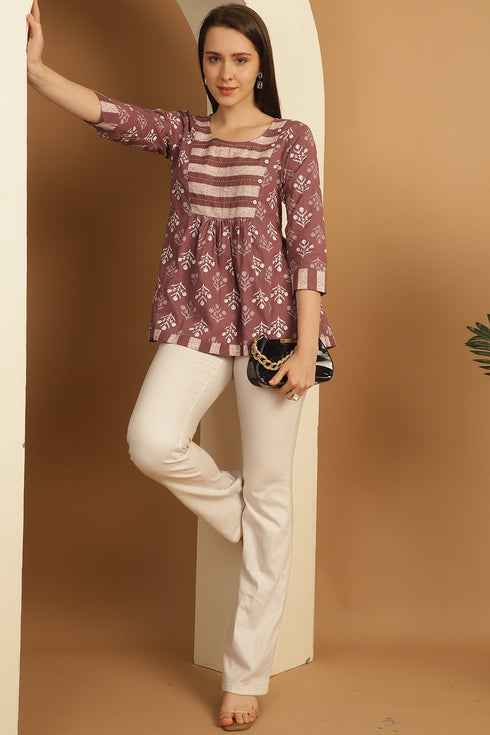 Dusty Mauve Pure Cotton Floral Printed Short Top