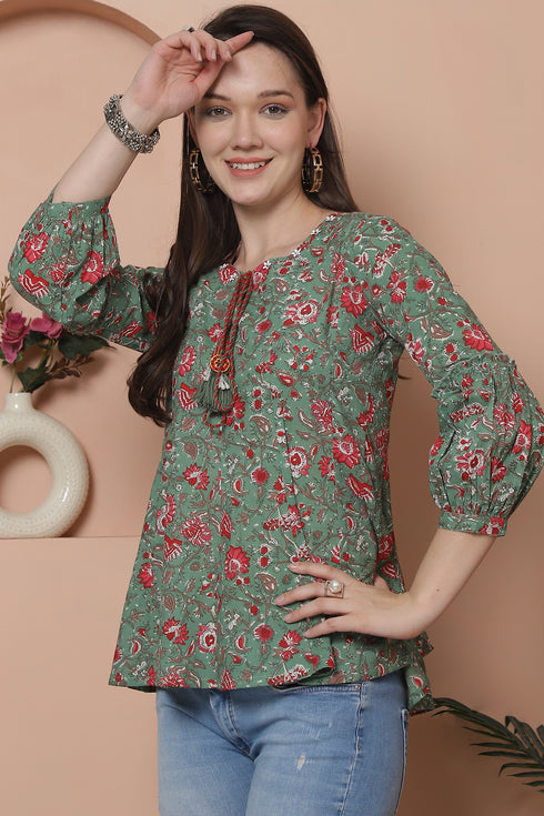 Sea Green Pure Cotton Floral Printed Short Top
