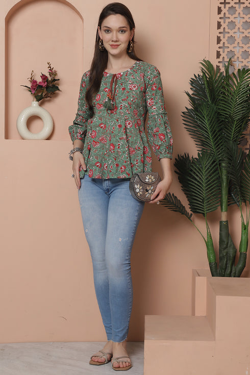 Sea Green Pure Cotton Floral Printed Short Top