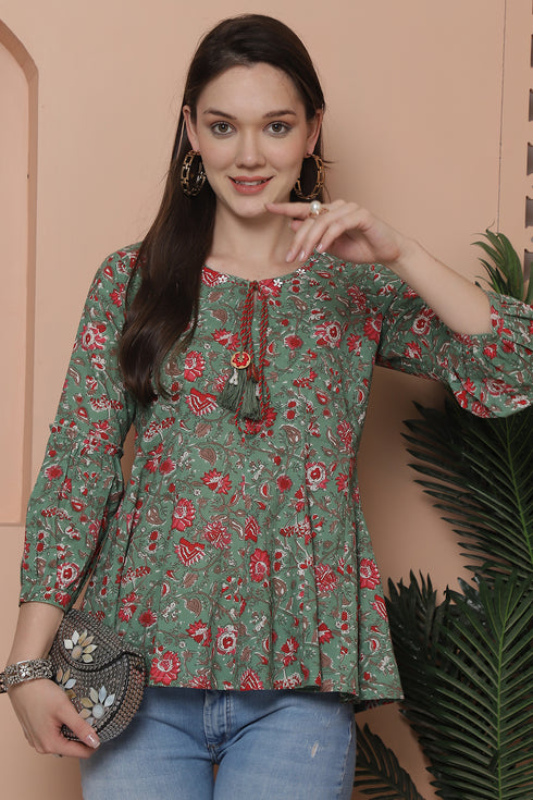 Sea Green Pure Cotton Floral Printed Short Top