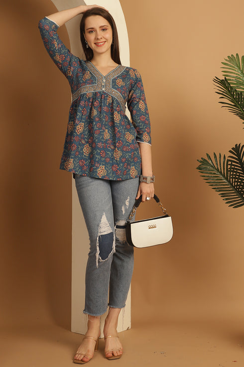 Teal Blue Pure Cotton Floral Printed Short Top