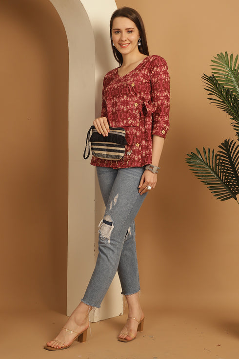 Magenta Pure Cotton Jaipuri Printed Short Top