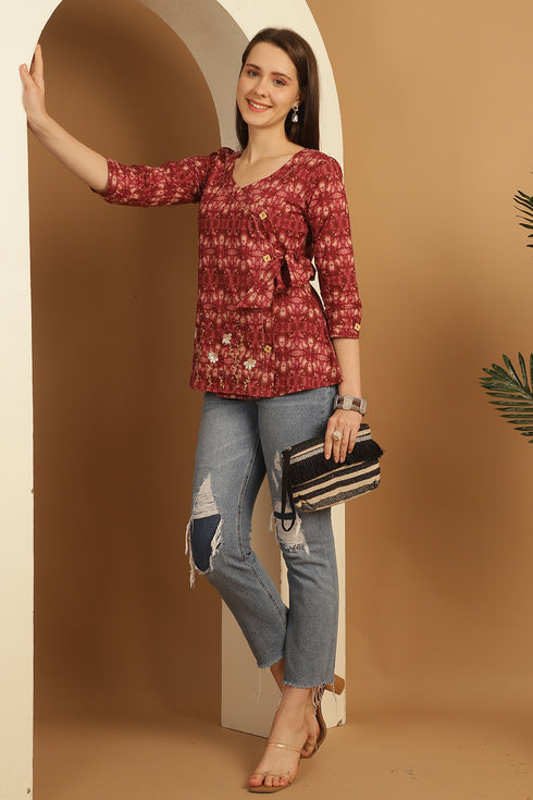 Magenta Pure Cotton Jaipuri Printed Short Top