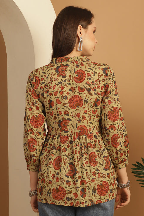 Beige Pure Cotton Floral Printed Short Top