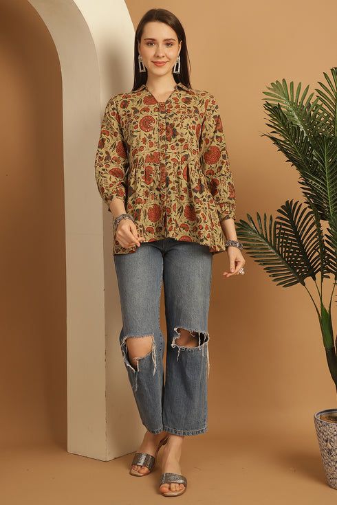 Beige Pure Cotton Floral Printed Short Top
