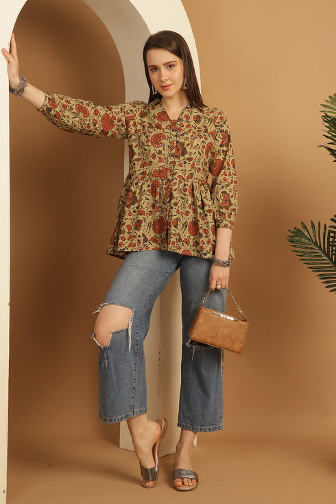 Beige Pure Cotton Floral Printed Short Top