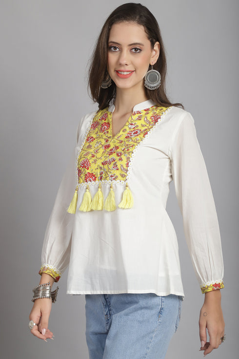 White & Yellow Pure Cotton Floral Printed Short Top