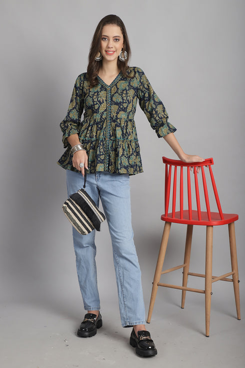 Navy Blue Pure Cotton Floral Printed Short Top