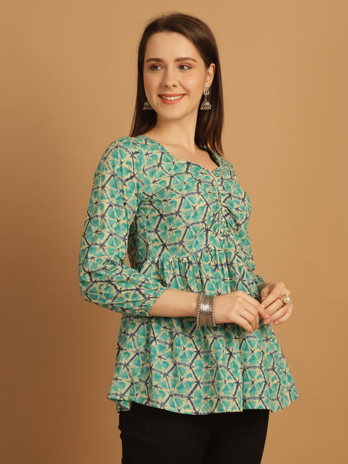 Teal Blue Pure Cotton Geometric Print Short Top