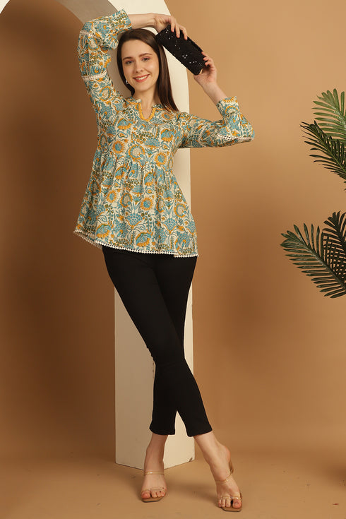 White & Sky Blue Pure Cotton Floral Printed Short Top