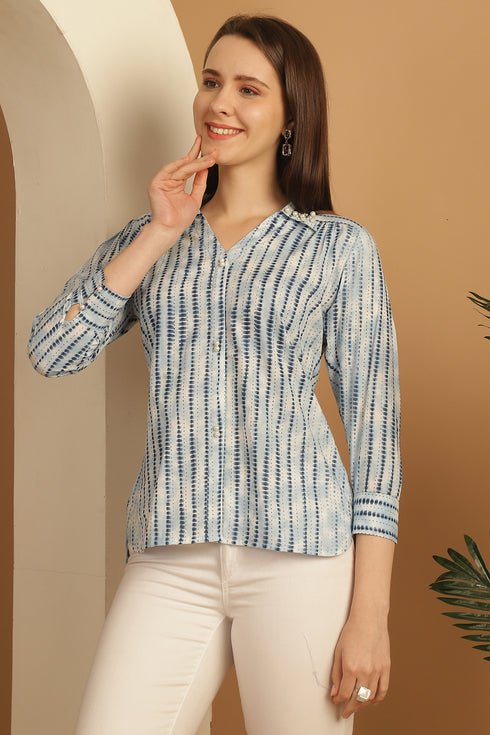 White & Blue Pure Cotton Tie-Die Printed Short Top