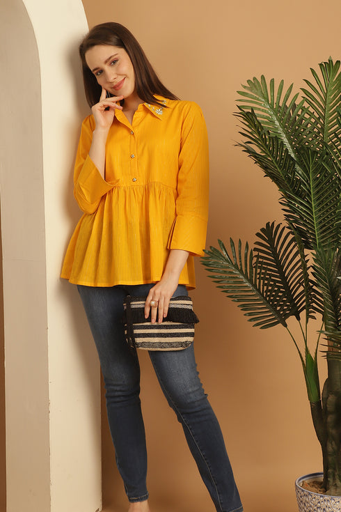 Yellow Pure Cotton Embroidered Short Top