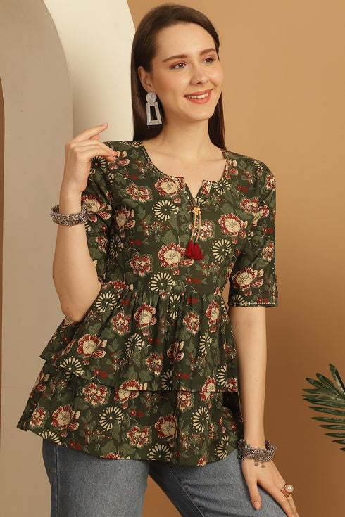 Green Pure Cotton Floral Printed Short Top
