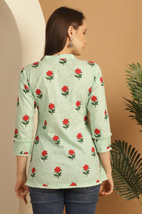 Light Green Pure Cotton Floral Printed Short Top