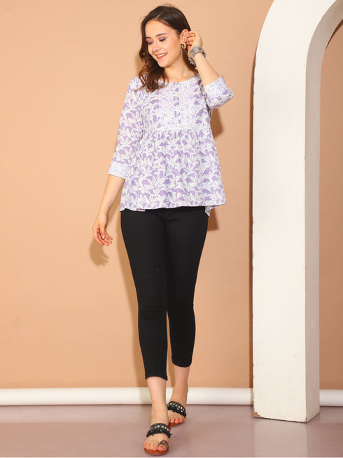 Lavender Pure Cotton Foil Printed Short Top
