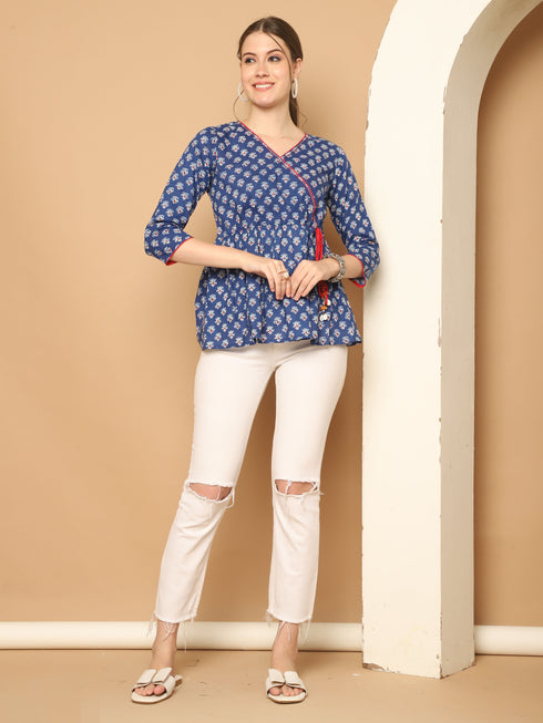 Blue Pure Cotton Floral Printed Short Top